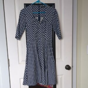 Acevog White and Blue Fit and Flare Dress with Notched Collar